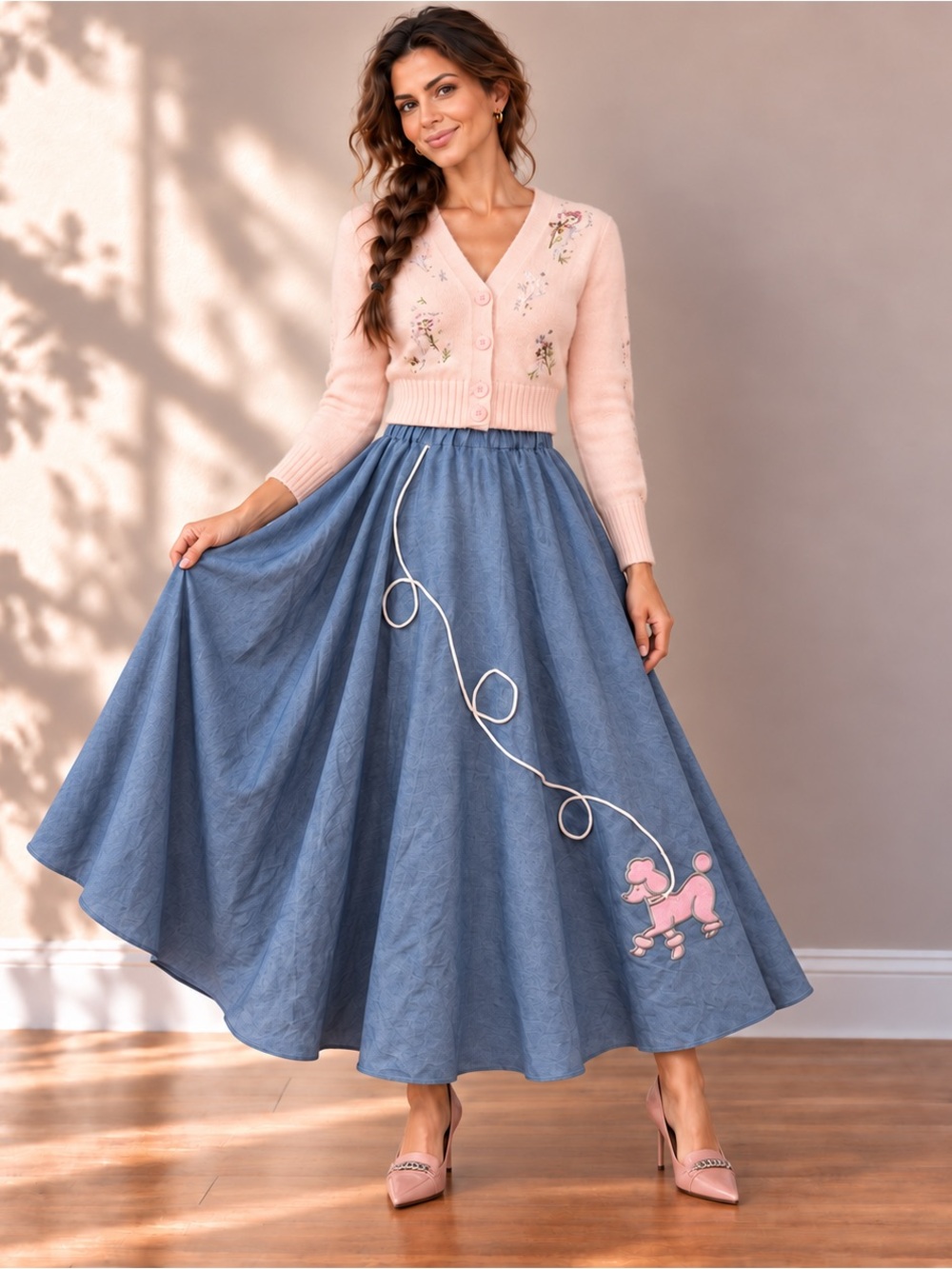 Blue Full Circle Poodle Maxi Skirt Pink Appliqué 50s Style Small